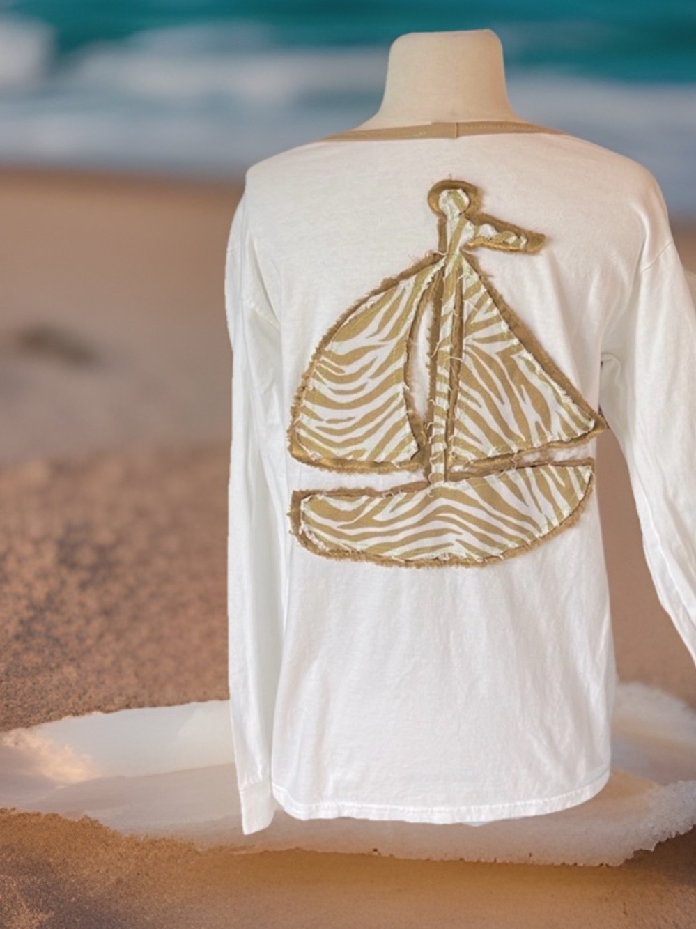 White Cotton Gold Sailboat Long Sleeve Beachy Shirt